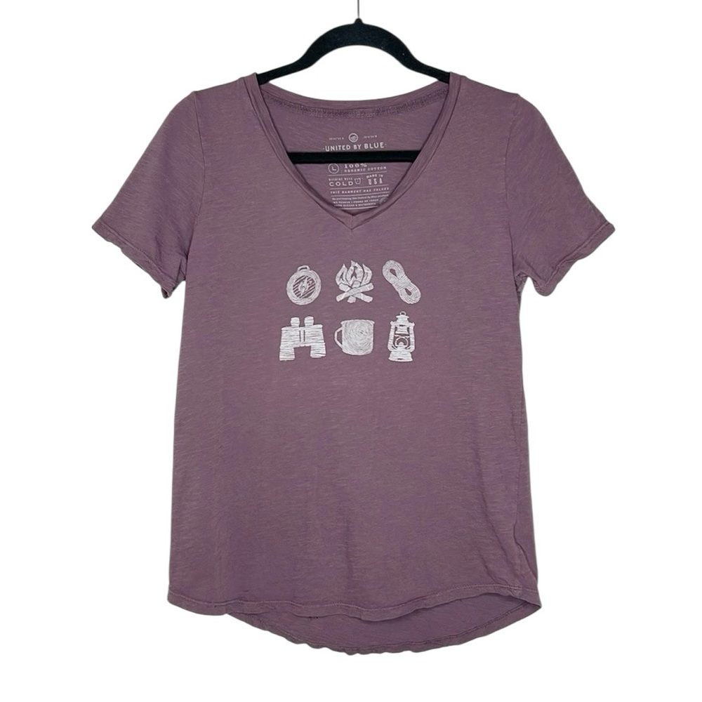 United by Blue Camping Gear Outdoorsy Print V Neck Cotton Tee size Large